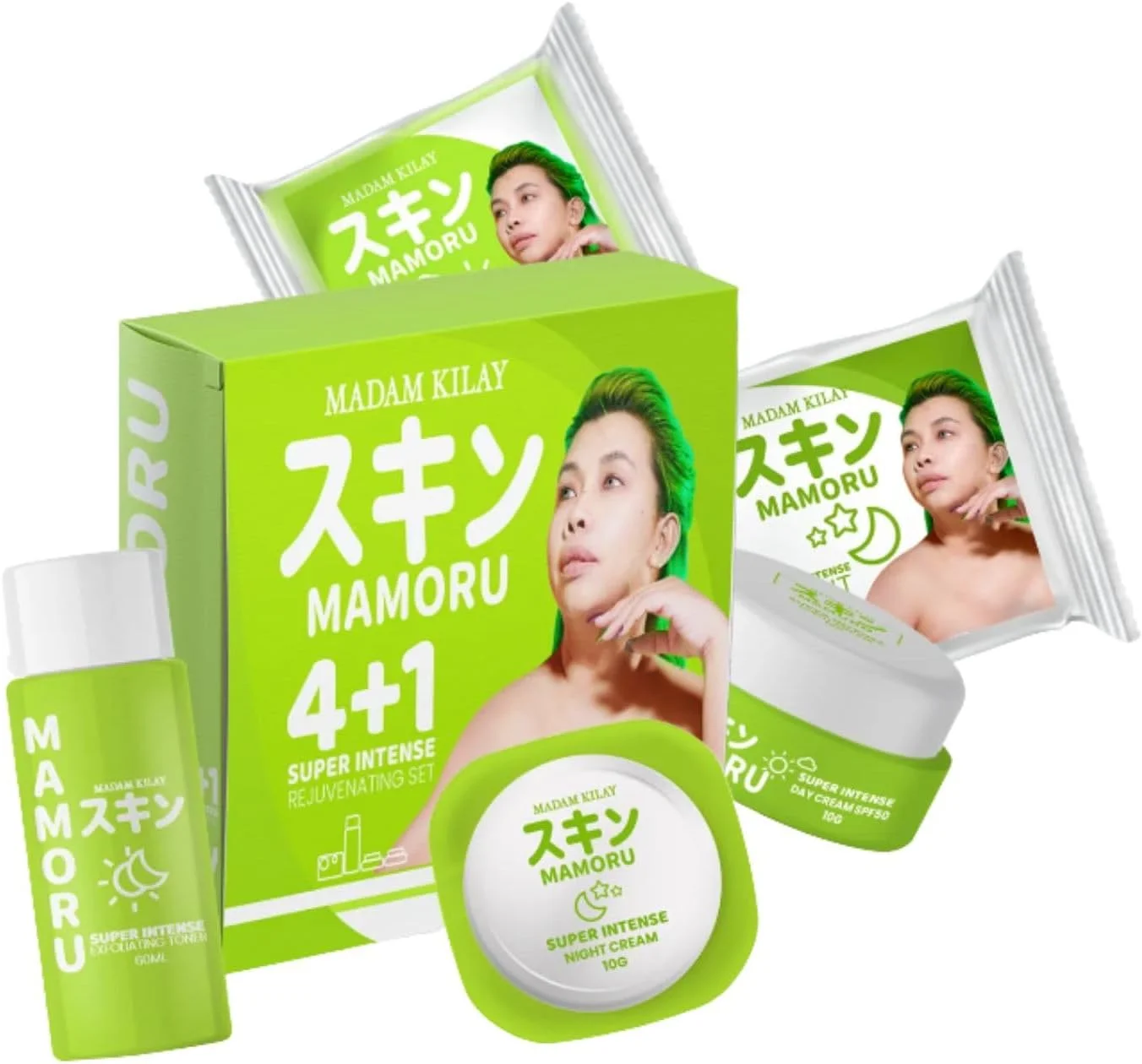 مجموعه مراقبت از پوست 4+1 مادام کیلای مامورو - کیت روشن کننده فوق العاده قوی به همراه تونر، کرم های روز و شب و صابون ها - روشن کننده، ضد جوش، پوست درخشان برای انواع پوست