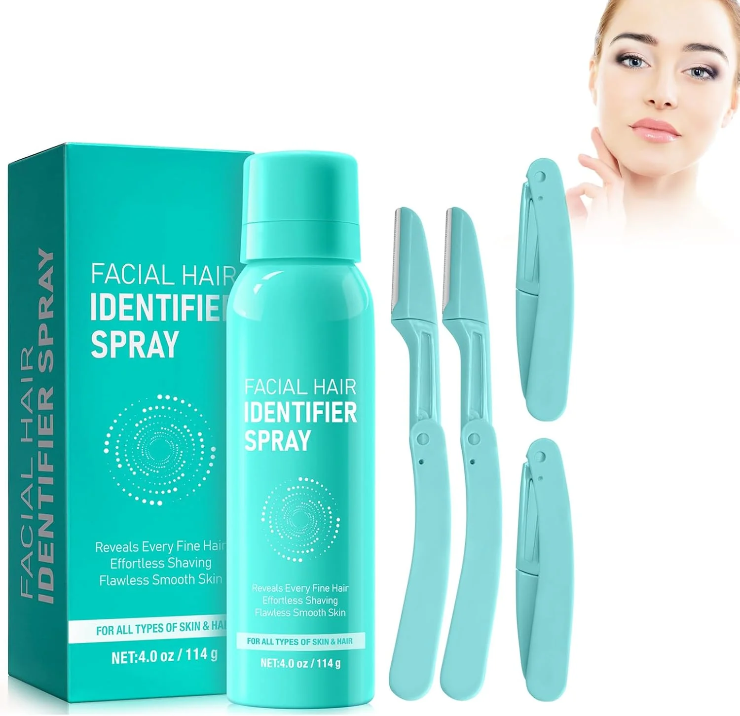 اسپری مشخص کننده موی صورت، اسپری مشخص کننده مو برای اصلاح صورت، اسپری درماپلنر به همراه 4 عدد تیغ صورت سبز، مرطوب کننده و مراقبت از پوست، مناسب برای انواع پوست، اسپری مشخص کننده مو