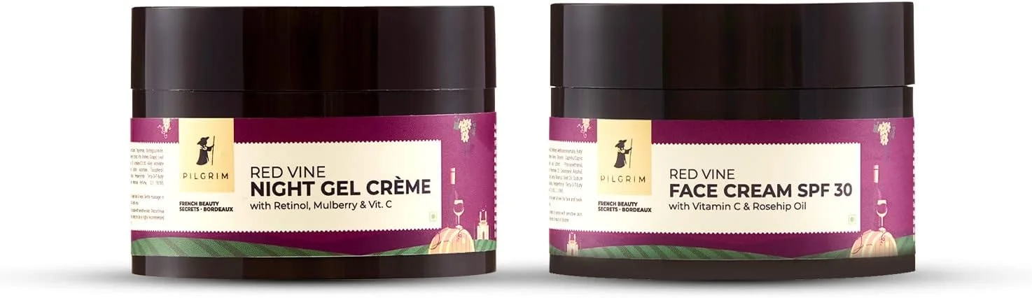 کیت مرطوب کننده صورت انگور قرمز PILGRIM، شامل کرم روز 50 گرمی و کرم ژل شب 50 گرمی، مناسب برای آقایان و بانوان