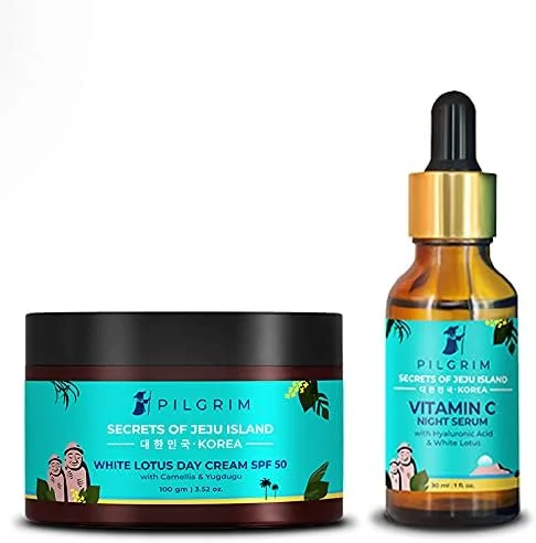 سرم شب ویتامین سی پیلگریم 30 میلی لیتر و کرم روز صورت با SPF 50 100 گرم | ضد پیری، لک و تیرگی پوست، پوست جوان برای آقایان و بانوان | مناسب انواع پوست | رازهای زیبایی کره ای (سرم شب ویتامین سی)