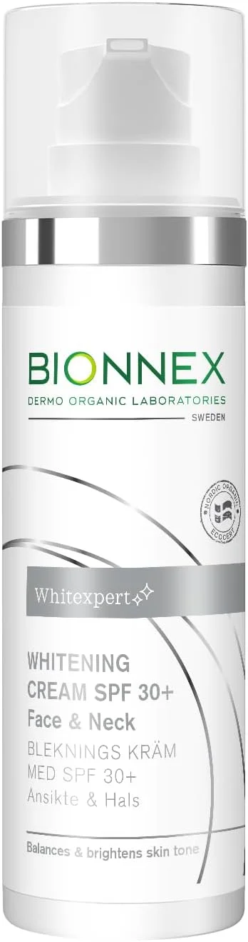 کرم ضد لک صورت و گردن بایونکس Whitexpert با SPF 30+ - کرم روشن کننده حاوی آربوتین، نیاسینامید، لومیسکین، ویتامین C و عصاره قارچ Chaga - اصلاح کننده ملانین و لکه های ناشی از آفتاب - 30 میلی لیتر