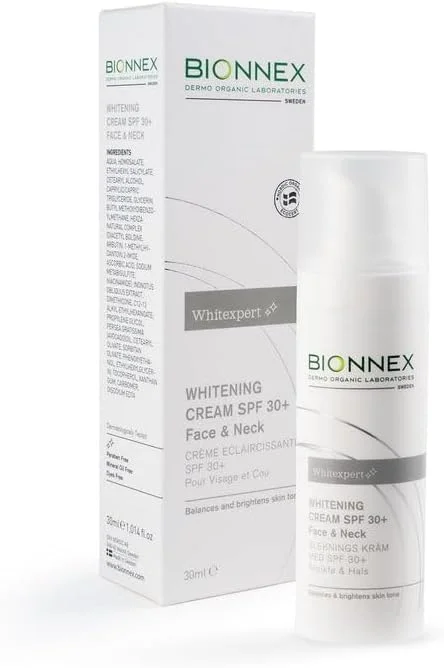 کرم ضد لک صورت و گردن بایونکس Whitexpert با SPF 30+ - کرم روشن کننده حاوی آربوتین، نیاسینامید، لومیسکین، ویتامین C و عصاره قارچ Chaga - اصلاح کننده ملانین و لکه های ناشی از آفتاب - 30 میلی لیتر