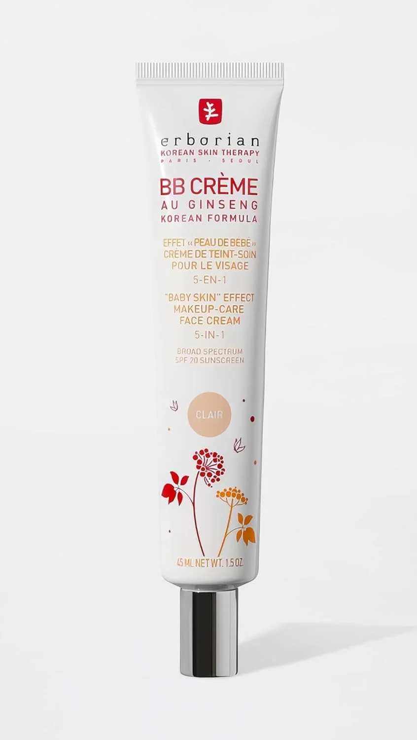کرم BB Erborian با جینسینگ، رنگ روشن (Clair) - پوشش سبک و قابل افزایش با SPF 20 و پوشش مات فوق العاده نرم، منافذ، لک ها و عیوب را به حداقل می رساند - آرایش و مراقبت از پوست صورت کره ای - 45 میلی لیتر