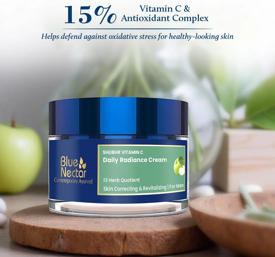 کرم صورت ویتامین C طبیعی Blue Nectar برای پوست درخشان، کرم رفع لک تیره برای آقایان با سیب سبز و روغن بادام (13 گیاه، 50 گرم)