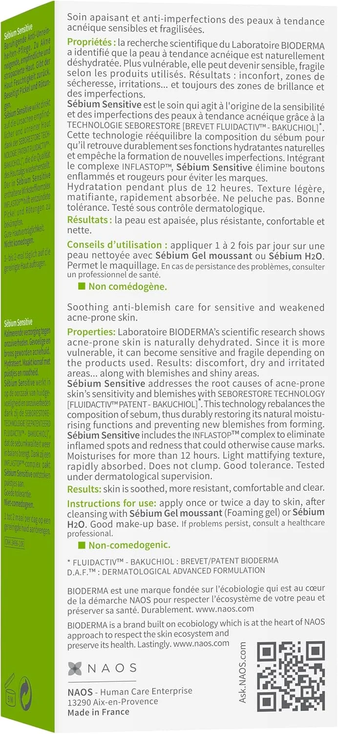 کرم مرطوب کننده و تسکین دهنده پوست مستعد جوش بایودرما سبیوم سنسیتیو، 30 میلی لیتر