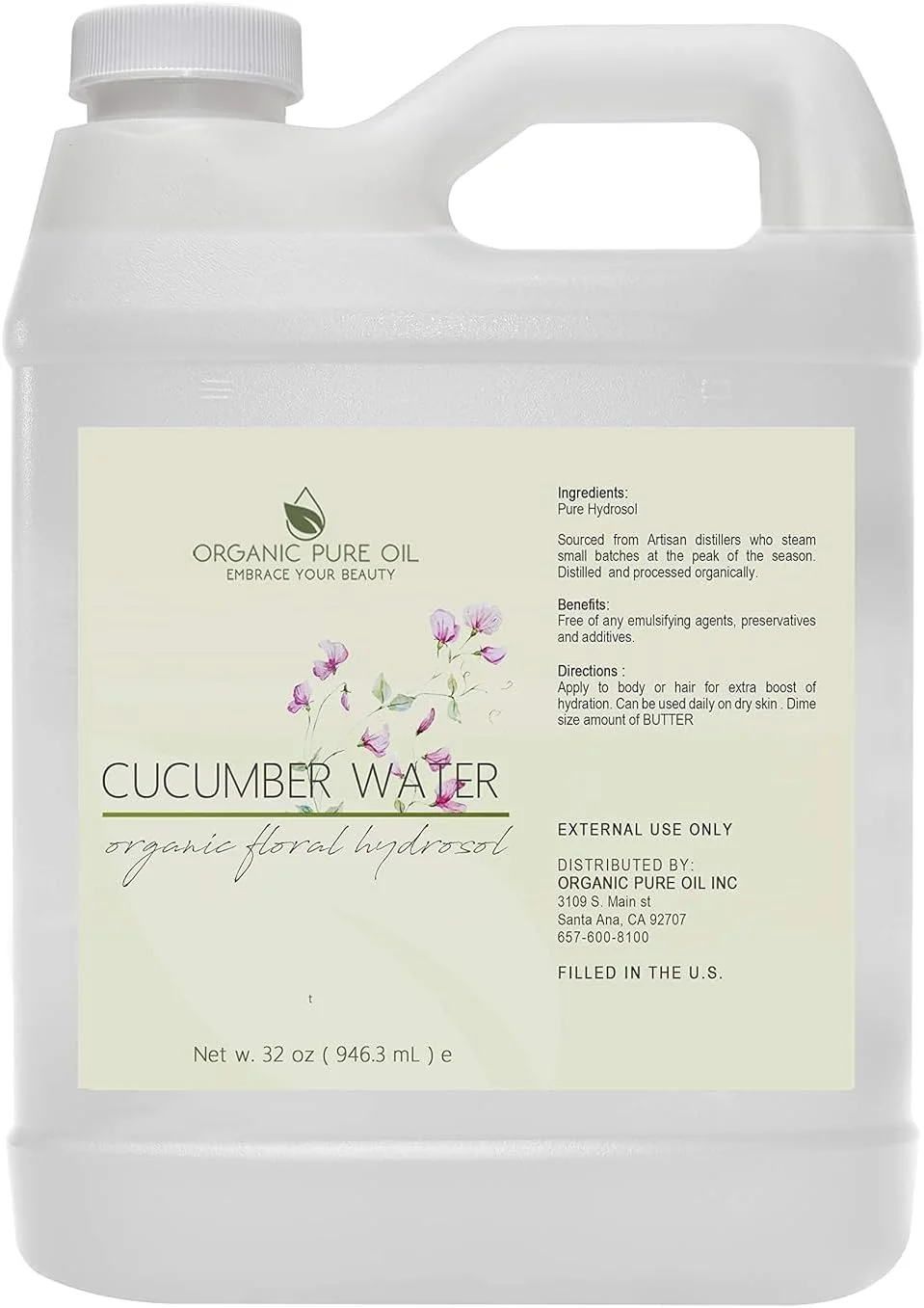 هیدروسول خیار OPO - آب گلاب آبرسان تقطیر شده با بخار 100% خالص، بسته بندی فله ای 946 میلی لیتر - 1 کوارت برای پوست و مو، مناسب پوست چرب و مو، اسپری پاک کننده و تونر صورت - بسته بندی ممکن است متفاوت باشد -
