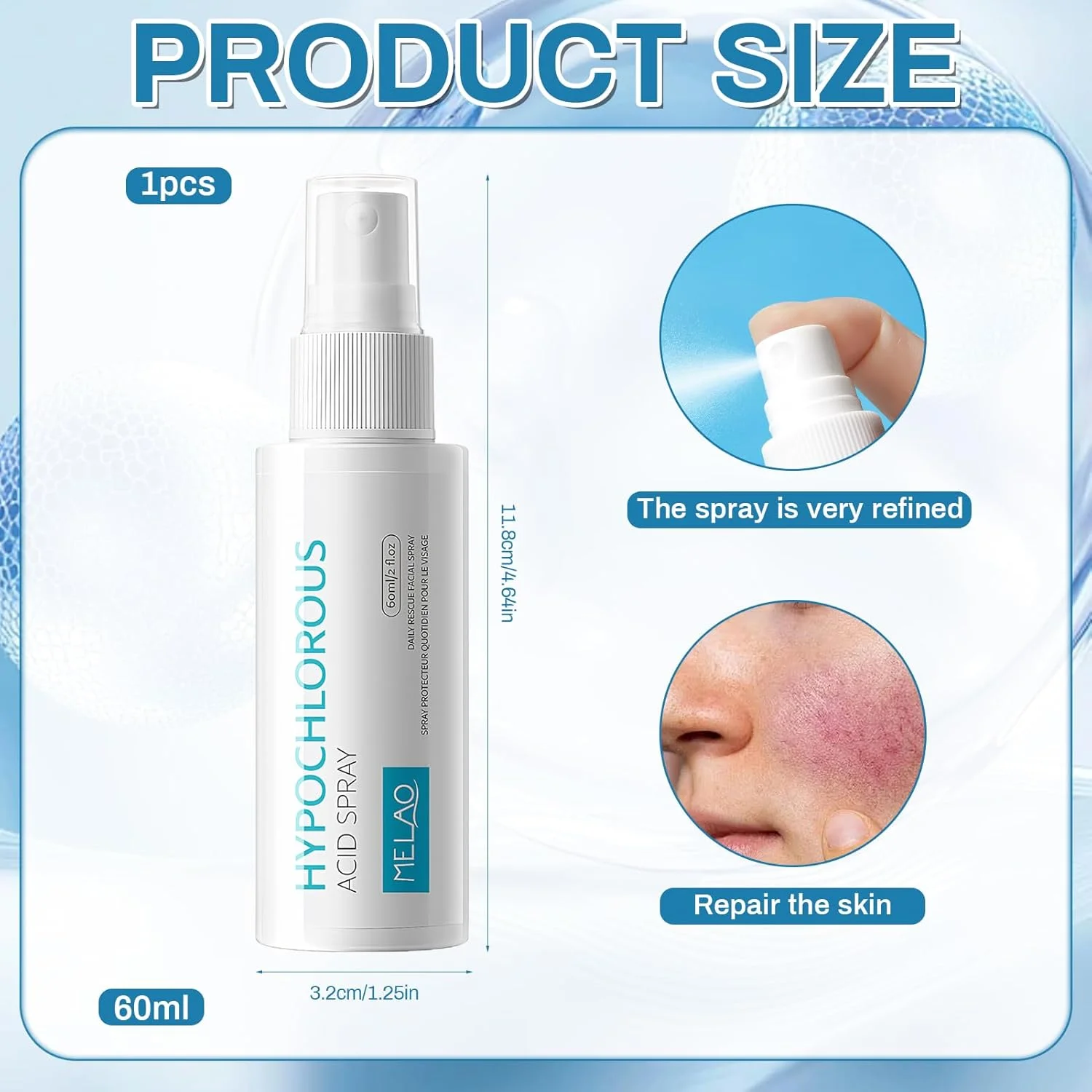 اسپری هیپوکلروس اسید، اسپری صورت و پوست، ایمن برای پوست، پوست سر خشک و بعد از جراحی، آبرسان (هیپوکلروس اسید 60 میلی لیتر)