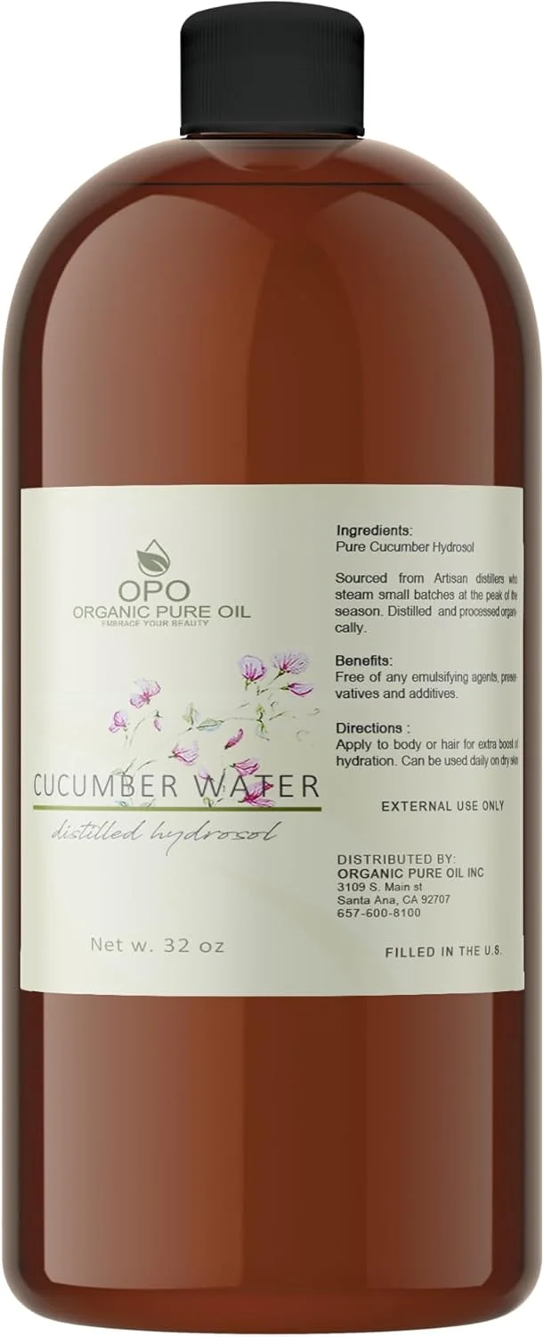 هیدروسول خیار OPO - آب گلاب آبرسان تقطیر شده با بخار 100% خالص، بسته بندی فله ای 946 میلی لیتر - 1 کوارت برای پوست و مو، مناسب پوست چرب و مو، اسپری پاک کننده و تونر صورت - بسته بندی ممکن است متفاوت باشد -