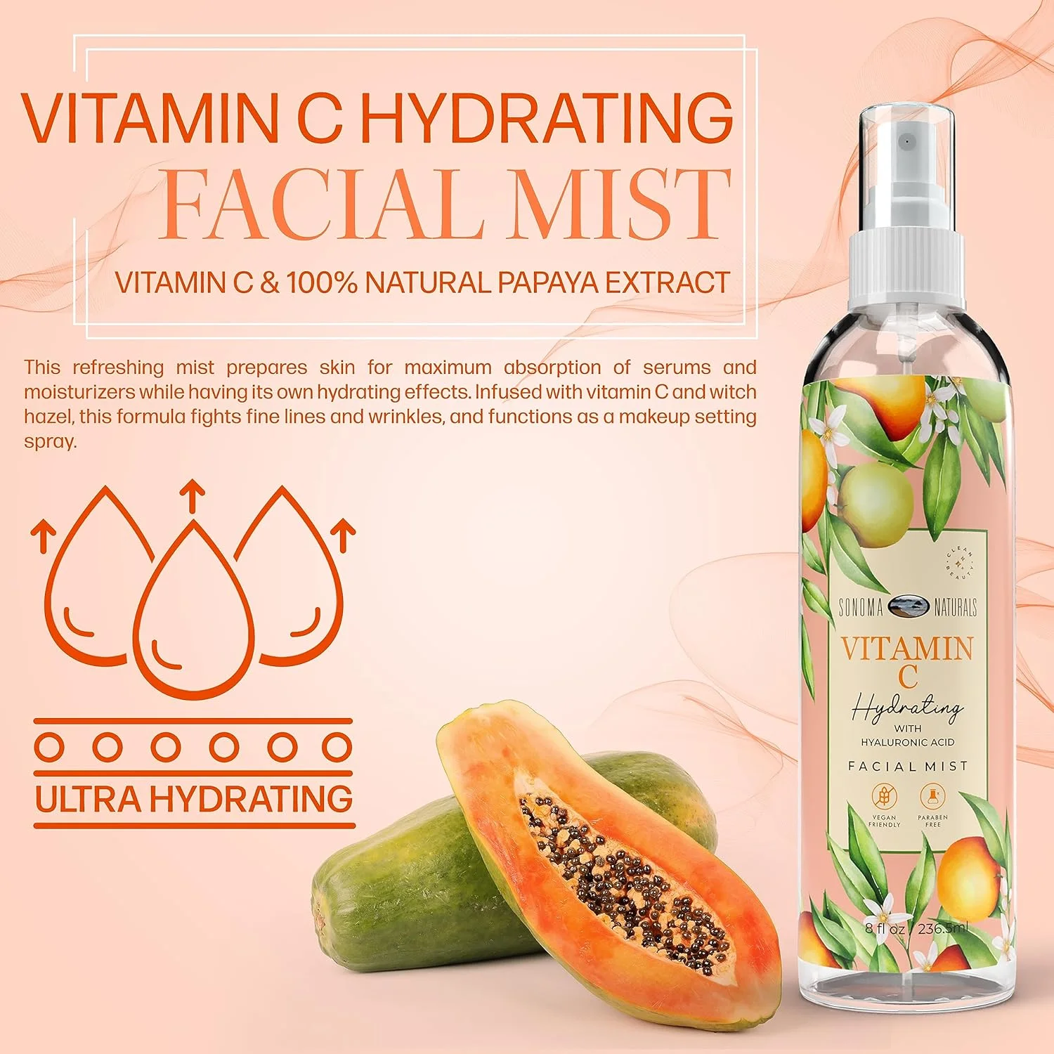 اسپری آبرسان صورت ویتامین C | ۱۰۰٪ طبیعی | حاوی ویتامین C و عصاره پاپایا | مرطوب کننده | تغذیه کننده پوست | ۲۳۶ میلی لیتر