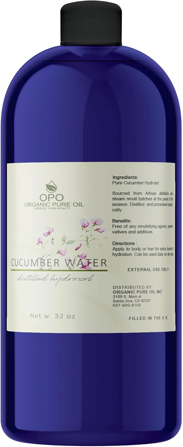 هیدروسول خیار OPO - آب گلاب آبرسان تقطیر شده با بخار 100% خالص، بسته بندی فله ای 946 میلی لیتر - 1 کوارت برای پوست و مو، مناسب پوست چرب و مو، اسپری پاک کننده و تونر صورت - بسته بندی ممکن است متفاوت باشد -