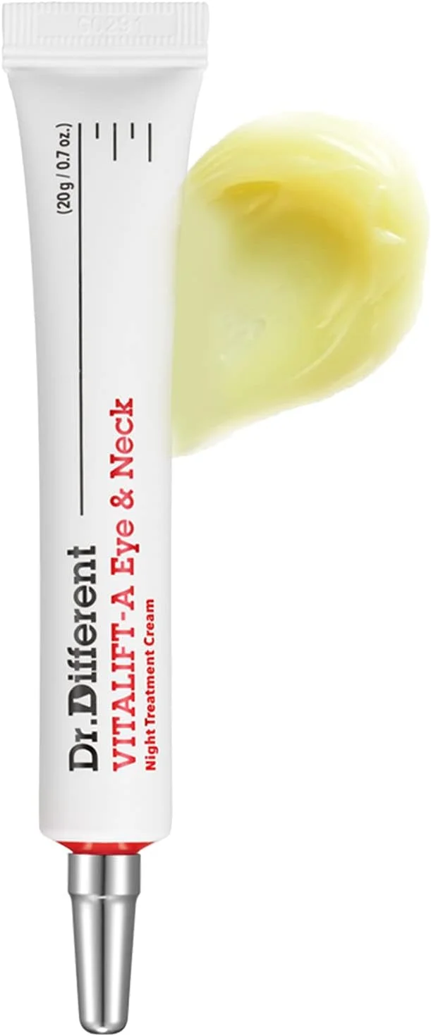 کرم دور چشم و گردن Dr.Different VITALIFT-A - درمان ضد پیری و ضد چروک رتینال و پپتیدها برای لکه‌های شبانه و پوست پیر - کرم شب آبرسان و مرطوب کننده عمیق برای آقایان و بانوان 20 گرم.