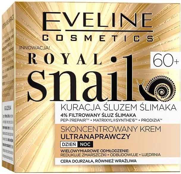 کرم روز و شب ترمیم کننده قوی حلزون رویال Eveline Cosmetics 60+ | غنی شده با فیلتر حلزون ترمیم کننده 4% | ایده آل برای پوست های بالغ از جمله پوست های حساس | 50 میلی لیتر