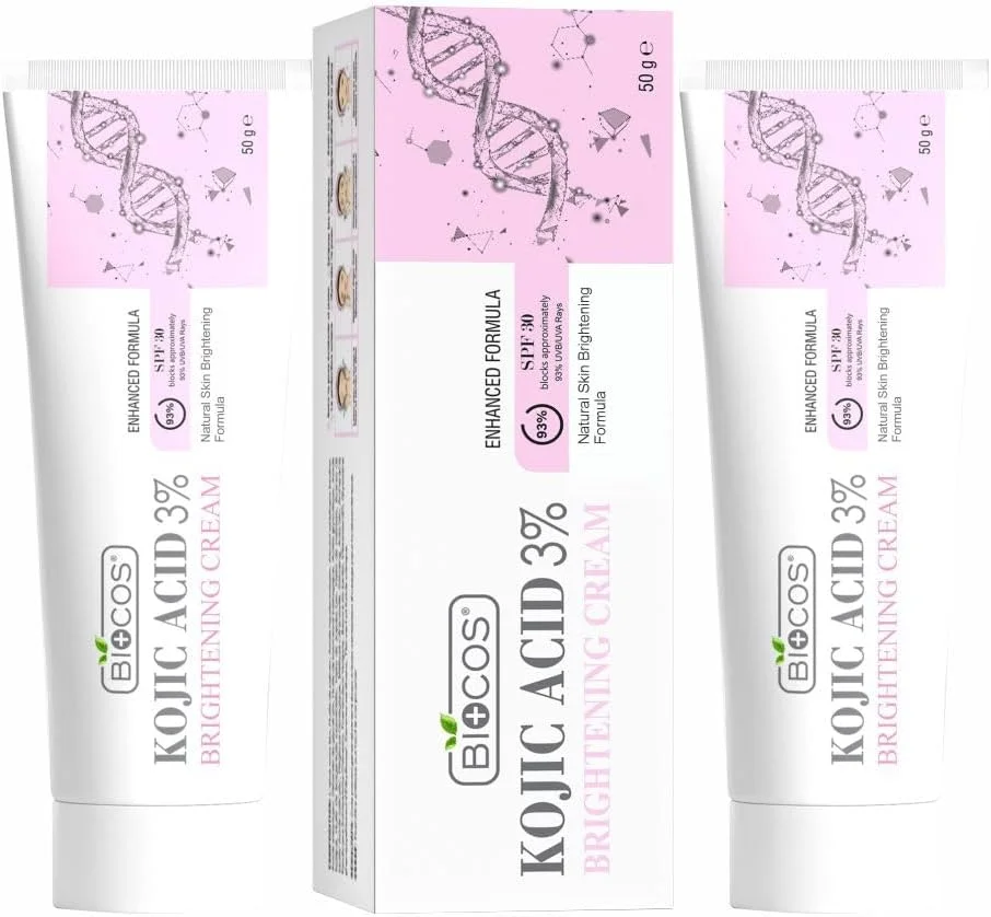 کرم کوجیک اسید BIOCOS برای لکه‌های تیره و هایپرپیگمنتیشن - روشن کننده پوست و از بین برنده جای جوش با گلیکولیک اسید، آلوئه ورا و ویتامین B5 - کرم صورت برای یکدست کردن رنگ پوست - بسته 2 عددی - 50 گرمی