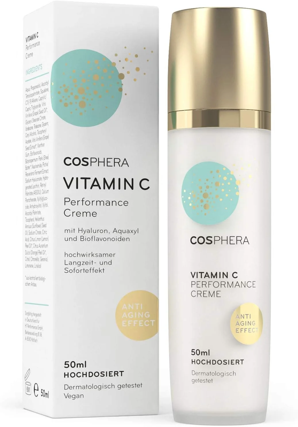 کرم عملکرد ویتامین C کاسفرا - 50 میلی لیتر - حاوی اسید هیالورونیک - کرم روز و شب وگان با دوز بالا برای صورت، گردن، چشم - درمان مرطوب کننده ضد چروک برای مردان و زنان