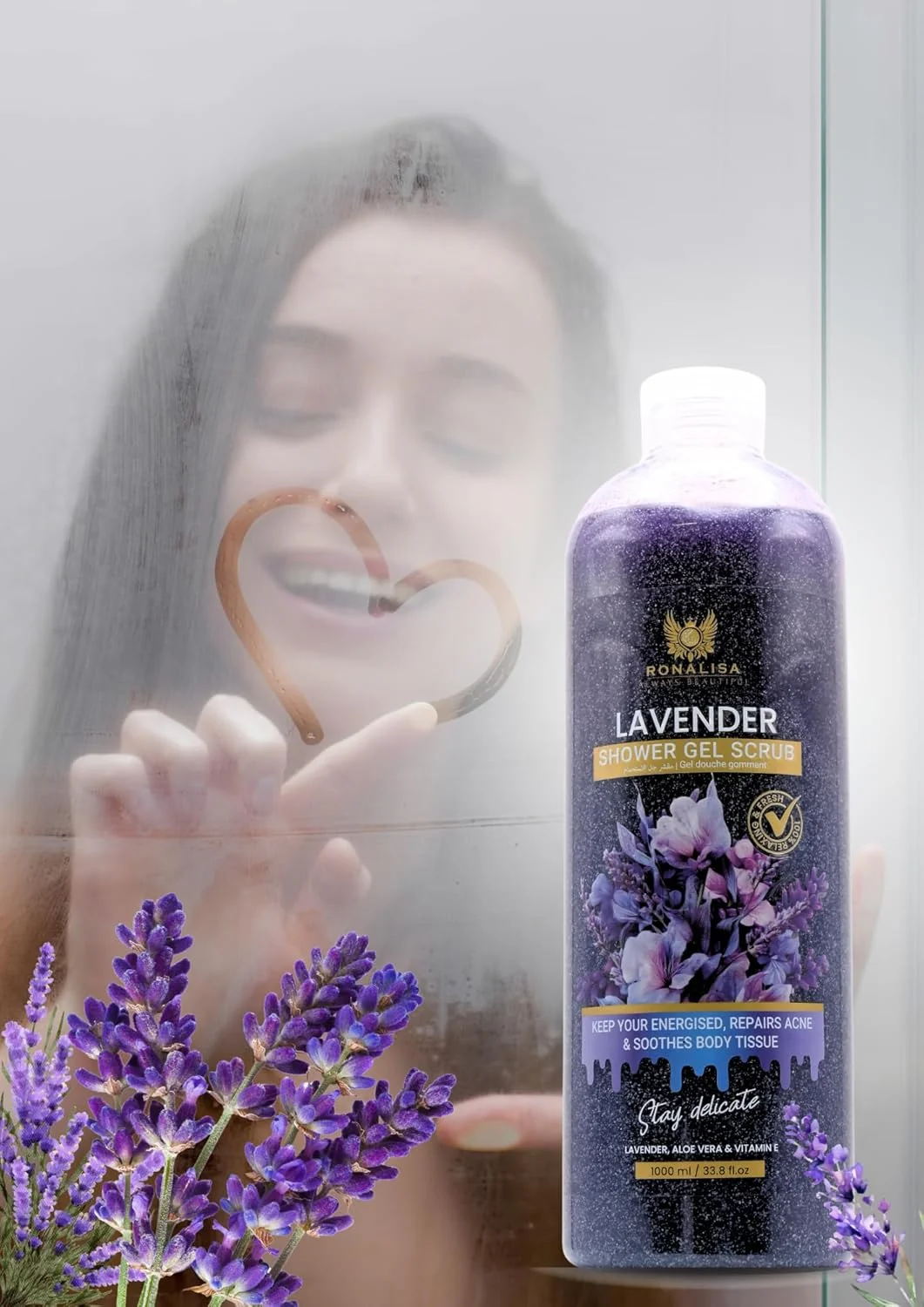 اسکراب ژل شستشوی بدن لایه بردار اسطوخودوس با آلوئه ورا و ویتامین ای – [۱۰۰۰ میلی لیتر]