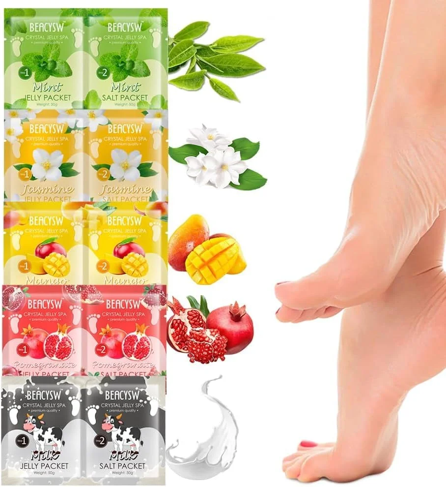 بسته های خیساندن پا ژله ای برای پدیکور، نمک های خیساندن پا برای پدیکور، بسته 5 عددی چندگانه لایه بردار اسپا پا شامل شیر، نعناع و موارد دیگر برای پاهای خسته، ژل رفع بوی پا برای مراقبت از پدیکور اسپا پا