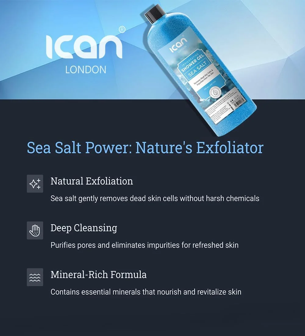 ژل شستشوی بدن نمک دریایی ICan London، انرژی بخش و لایه بردار، ۱۰۰۰ میلی لیتر