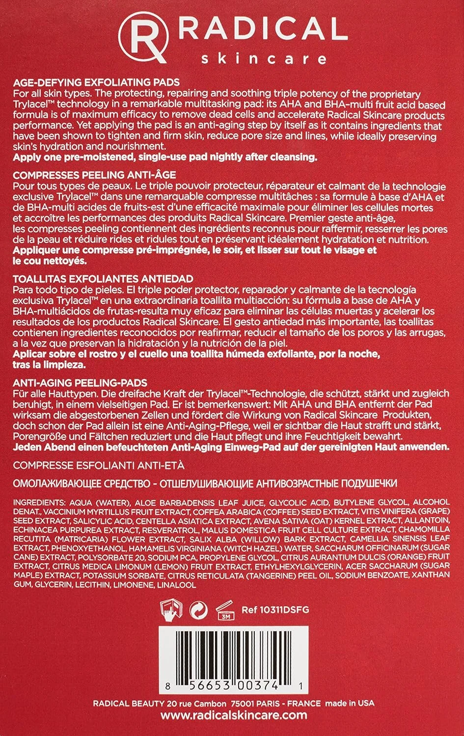 پدهای لایه بردار ضد پیری رادیکال اسکین کر، از بین برنده پوست مرده، یکنواخت کننده و روشن کننده رنگ پوست برای درخشش | مناسب برای انواع پوست از جمله پوست حساس | فاقد پارابن (35 میلی لیتر)