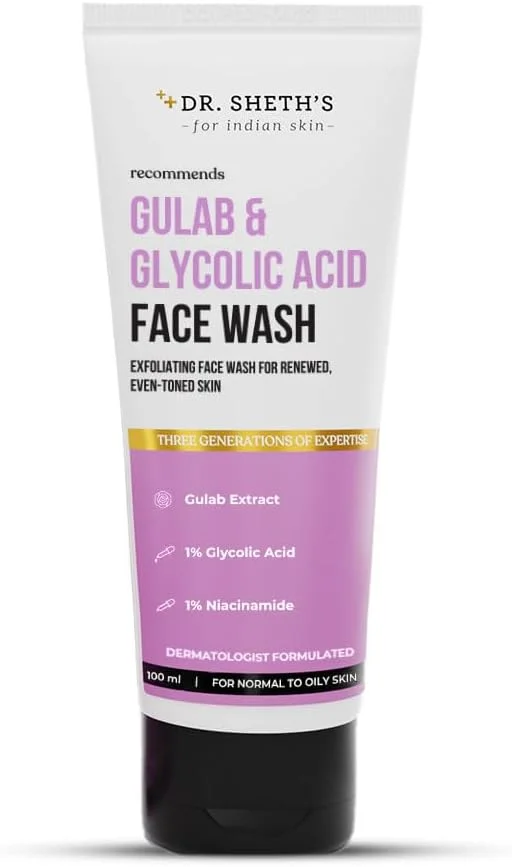 ژل شستشوی صورت گلاب و 1% گلیکولیک اسید دکتر شث مناسب پوست های نرمال تا چرب | پاک کننده روزانه روشن کننده پوست برای یکدست کردن رنگ پوست | لایه بردار صورت برای آقایان و بانوان | 100 میلی لیتر