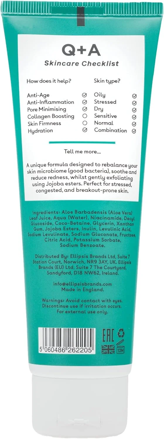 کیو اند ای پاک کننده ملایم لایه بردار صورت نیاسینامید (125 میلی لیتر)، اسکراب صورت، شستشوی لایه بردار صورت با استرهای جوجوبا و پری بیوتیک ها، در حالی که حساسیت و پوست مستعد لک را آرام می کند، بدون عطر