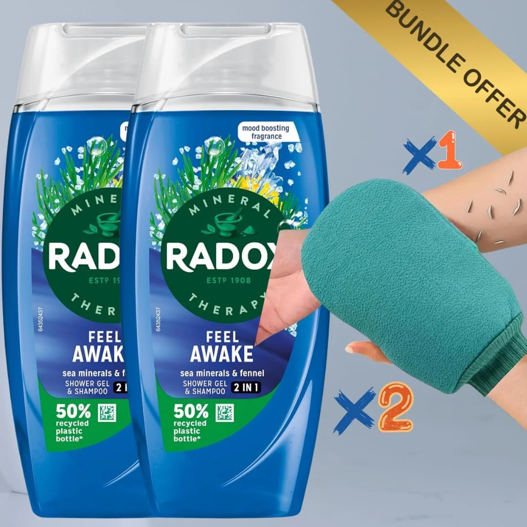 مجموعه مراقبت از دوش رادوکـس مدل Feel Awake - 2 عدد ژل دوش 2 در 1 با مواد معدنی دریایی و رازیانه (225 میلی لیتر) + دستکش لایه بردار دو طرفه لوکس BVO برای آقایان و بانوان