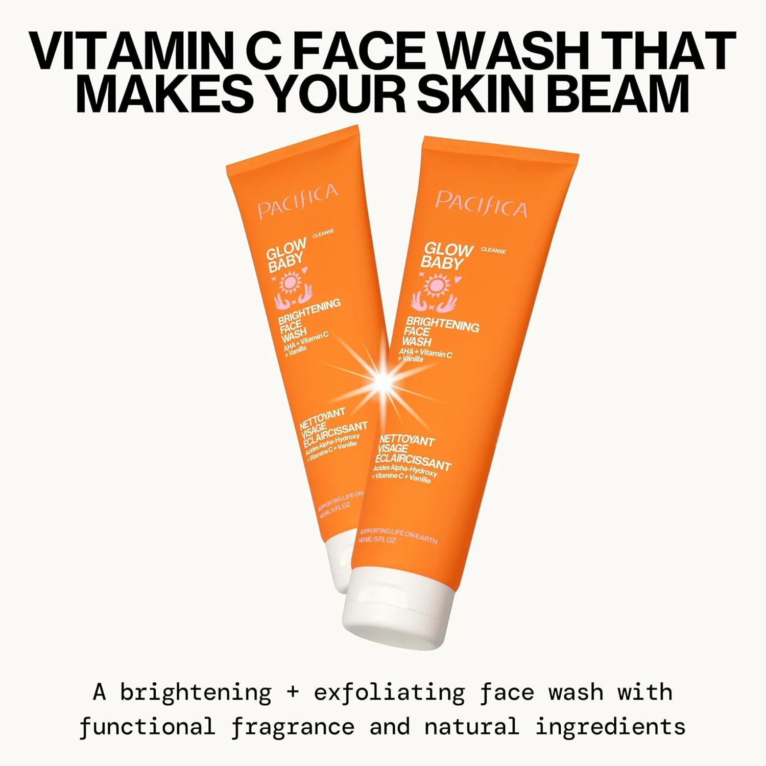 پاک کننده روزانه صورت پسیفیکا بیوتی گلو، لایه بردار، ویتامین C، AHA، وانیل، مناسب برای انواع پوست، بدون سولفات و پارابن، وگان و بدون تست حیوانی، 473 میلی لیتر