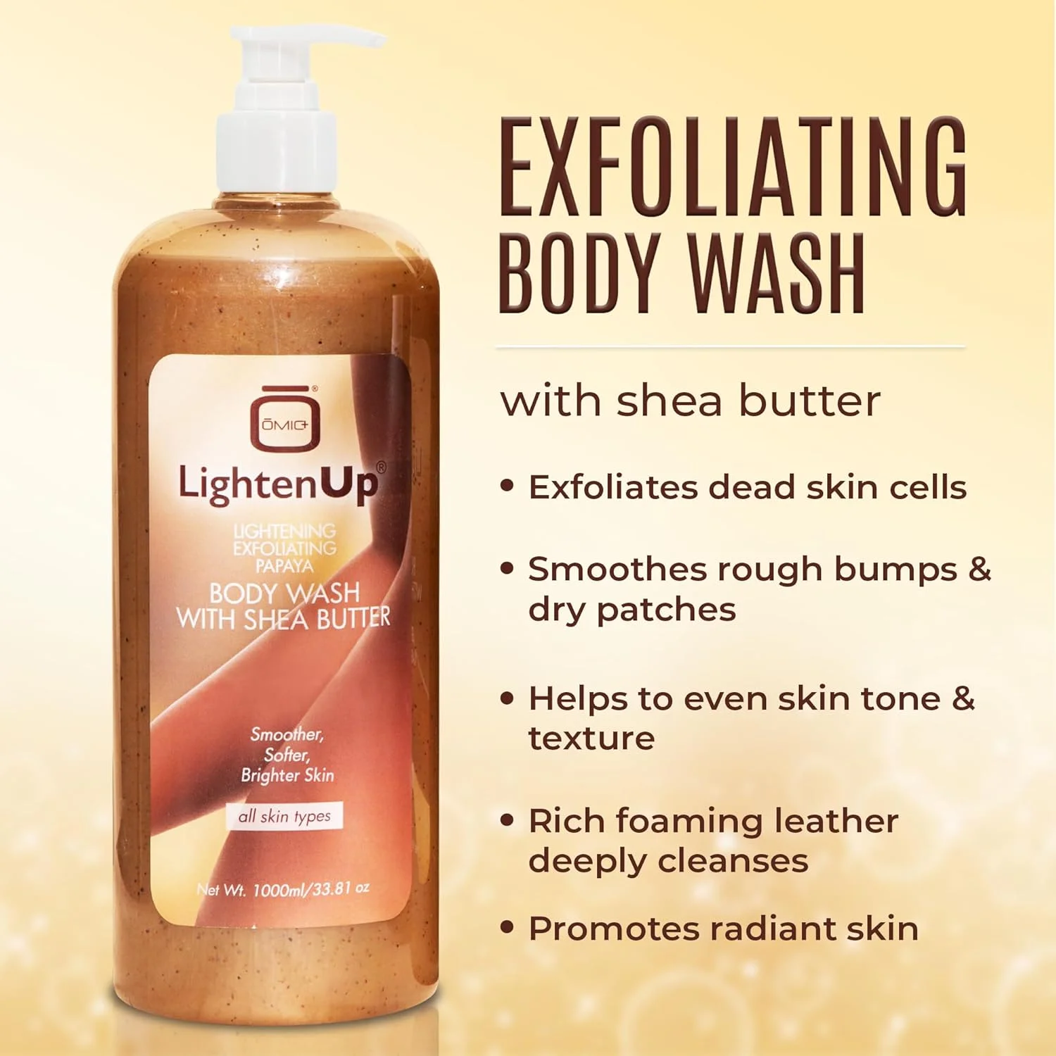 شوینده بدن مرطوب کننده پوست لایتن آپ اُمیک | ژل دوش لایه بردار | 1000 میلی لیتر | آبرسانی و تغذیه پوست خشک | پاک کننده عمیق | مرطوب کننده طبیعی با عصاره پاپایا و شی باتر شوینده بدن مرطوب کننده پوست لایتن آپ اُمیک | ژل دوش لایه بردار | 1000 میلی لیتر | آبرسانی و تغذیه پوست خشک | پاک کننده عمیق | مرطوب کننده طبیعی با عصاره پاپایا و شی باتر