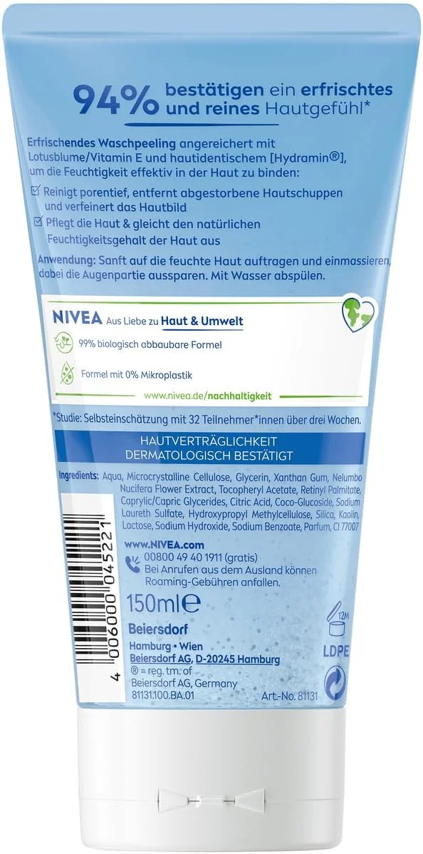 اسکراب شستشوی روزانه طراوت بخش نیوآ، لایه بردار بدون ریزپلاستیک با ویتامین E برای پاکسازی عمیق منافذ صورت، اسکراب طراوت بخش صورت برای پوست نرمال و پوست مختلط (150 میلی لیتر)