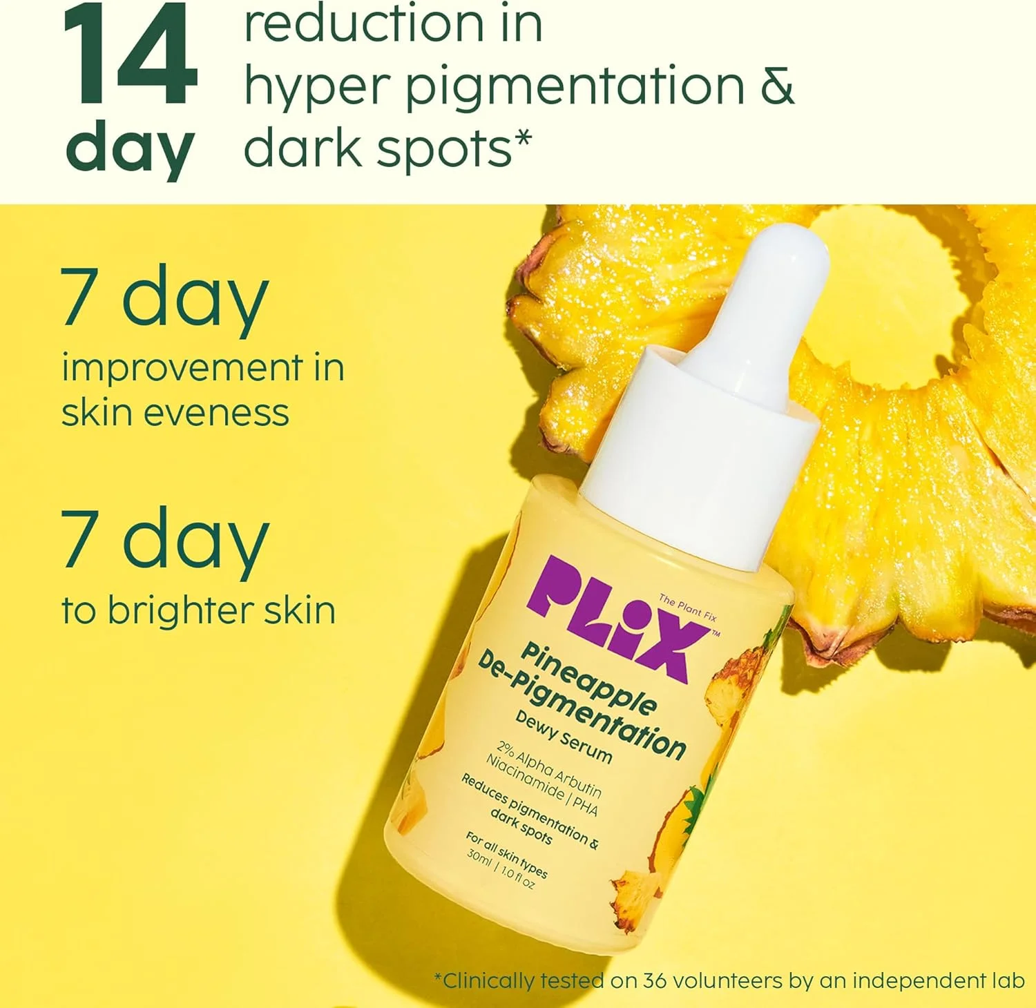 سرم صورت حاوی آلفا آربوتین ۲% و آناناس Plix برای کاهش تیرگی و لکه‌های پوستی، مناسب برای انواع پوست، حاوی نیاسینامید ۱۰% و PHA ۵%، حجم ۳۰ میلی‌لیتر (تک عددی)