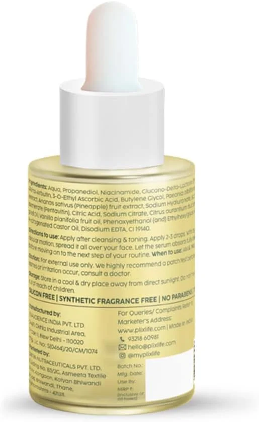 سرم صورت حاوی آلفا آربوتین ۲% و آناناس Plix برای کاهش تیرگی و لکه‌های پوستی، مناسب برای انواع پوست، حاوی نیاسینامید ۱۰% و PHA ۵%، حجم ۳۰ میلی‌لیتر (تک عددی)