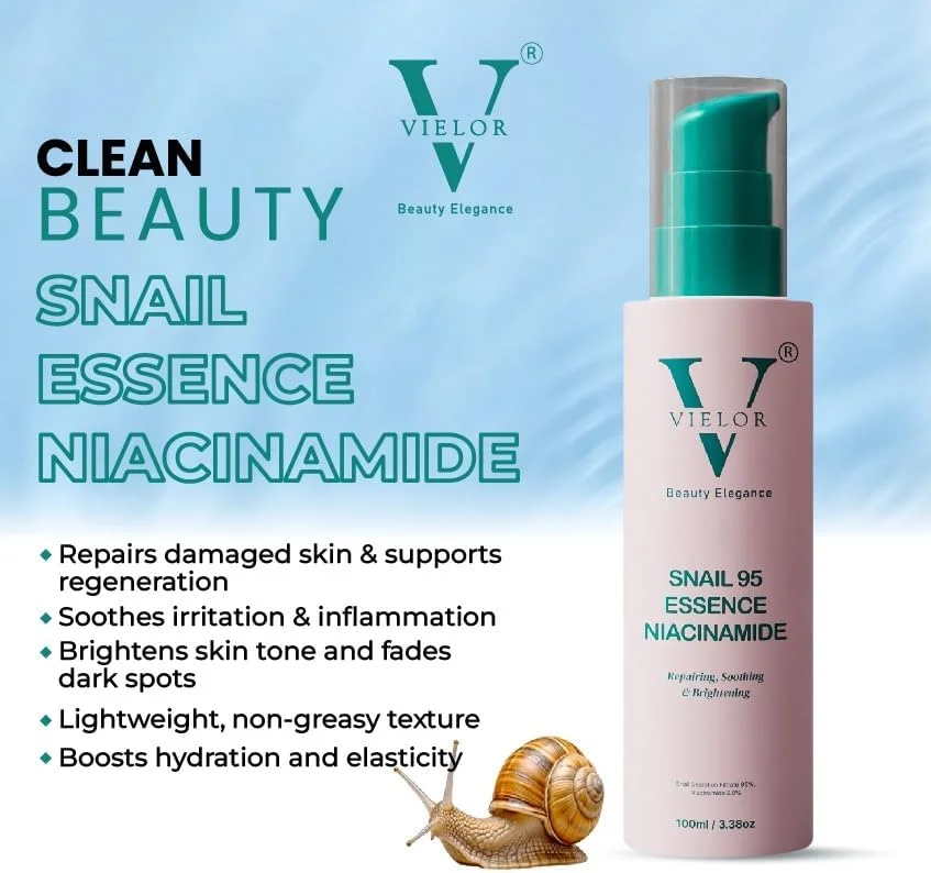 اسانس موسین حلزون ۹۵% با نیاسینامید ۲.۸% - سرم کره‌ای ممتاز برای ترمیم، تسکین و روشن‌کنندگی پیشرفته پوست، آبرسانی عمیق برای پوست درخشان و سالم - ۱۰۰ میلی‌لیتر