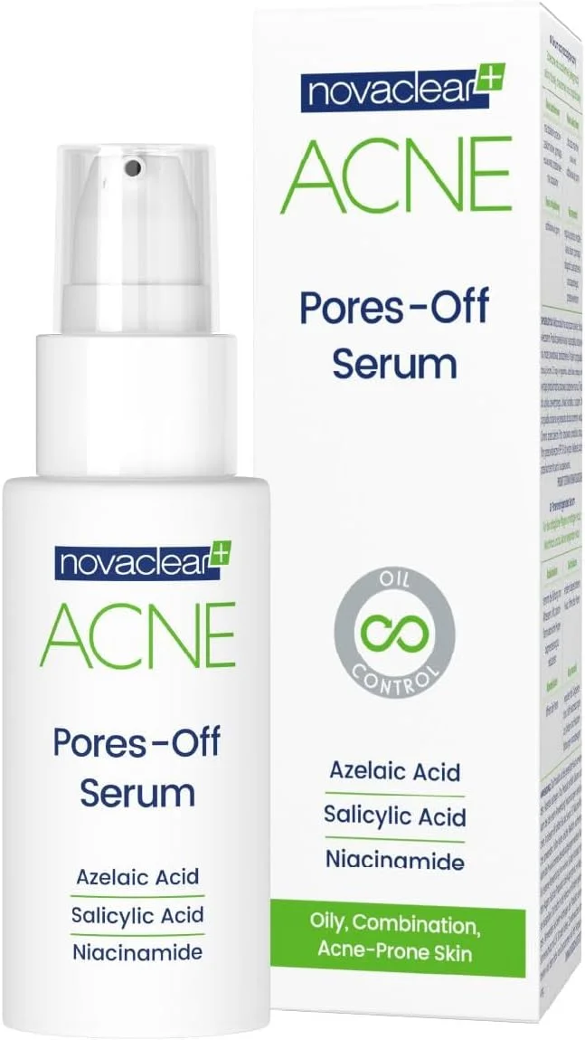 سرم پاک کننده منافذ پوست نوواکلیر آکنه - درمان منافذ آکنه صورت حاوی نیاسینامید، سالیسیلیک اسید و آزلائیک اسید - مناسب جوش های سرسیاه، سرسفید و جای جوش - 30 میلی لیتر
