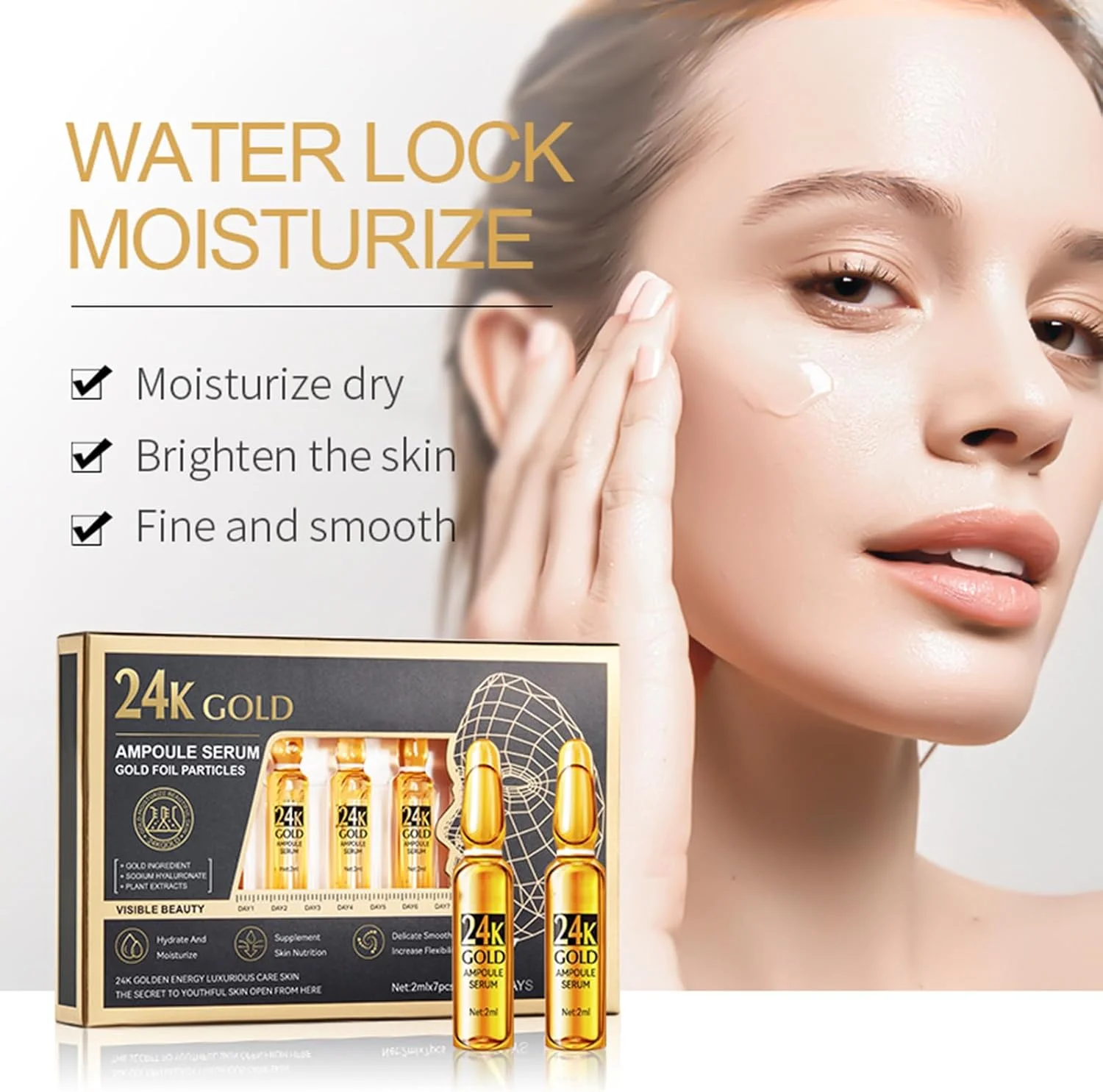 سرم آمپول طلای 24K، 7 عدد سرم صورت کنسانتره نیاسینامید طلای 24K برای زنان و مردان، مرطوب کننده عمیق، ضد پیری و صاف کننده چین و چروک، سرم مراقبت از پوست صورت برای انواع پوست، 7x2ml