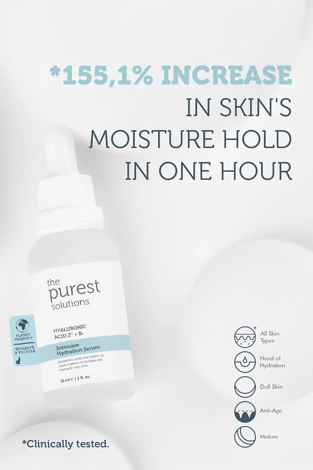 سرم آبرسان قوی The Purest Solutions (اسید هیالورونیک 2% + B5) - مراقبت مرطوب کننده و ضد پیری برای انواع پوست - وگان | بدون تست حیوانی | سازگار با محیط زیست (30 میلی لیتر)