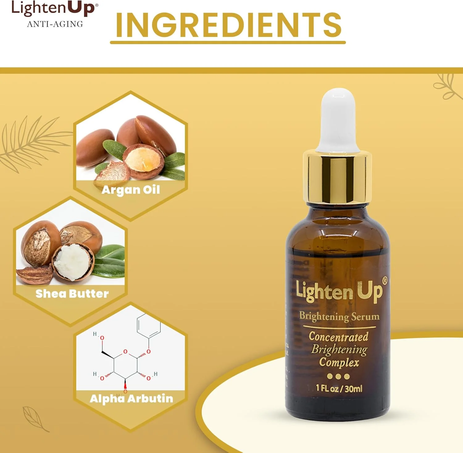 سرم روشن کننده پوست ام آی سی لایتن آپ - 30 میلی لیتر | سرم مرطوب کننده صورت | سرم آبرسان برای لکه های ناشی از آفتاب و لکه های پیری | حاوی روغن آرگان، شی باتر و آلفا آربوتین