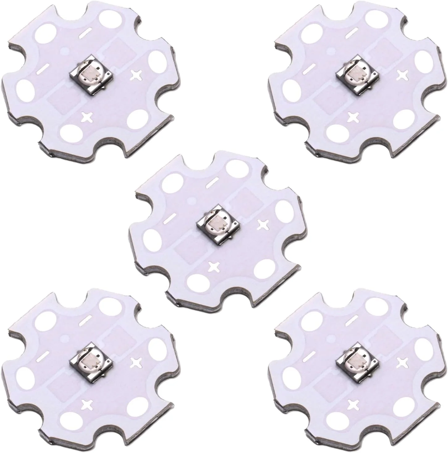 ۵ عدد ال ای دی بنفش ۳ وات ۳۹۵ نانومتر SMD 3535 با توان بالا، به همراه صفحه آلومینیومی ۲۰ میلی متری ستاره ای PCB، هیت سینک، مناسب برای روشنایی DIY یا جایگزینی چیپ لامپ (۷۰۰ میلی آمپر، ۳.۲-۳.۶ ولت، ۳۹۰-۳۹۵ نانومتر، ۱۲۰ درجه)