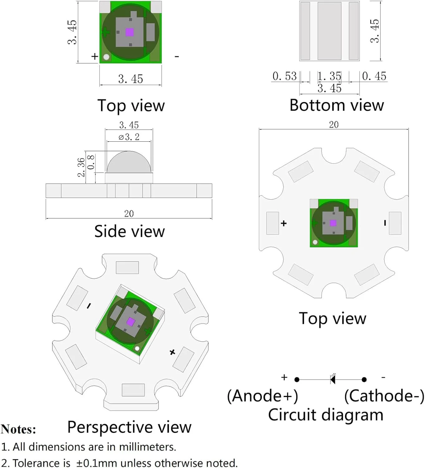 ۵ عدد ال ای دی بنفش ۳ وات ۳۹۵ نانومتر SMD 3535 با توان بالا، به همراه صفحه آلومینیومی ۲۰ میلی متری ستاره ای PCB، هیت سینک، مناسب برای روشنایی DIY یا جایگزینی چیپ لامپ (۷۰۰ میلی آمپر، ۳.۲-۳.۶ ولت، ۳۹۰-۳۹۵ نانومتر، ۱۲۰ درجه)