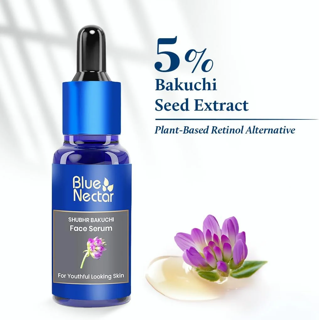 سرم باکوچیول Blue Nectar برای صورت با عصاره روغن بابچی | سرم صورت فاقد رتینول آیورودا برای پوست در حال پیر شدن | مرطوب کننده فاقد چربی برای زنان و مردان (10 گیاه، 30 میلی لیتر)