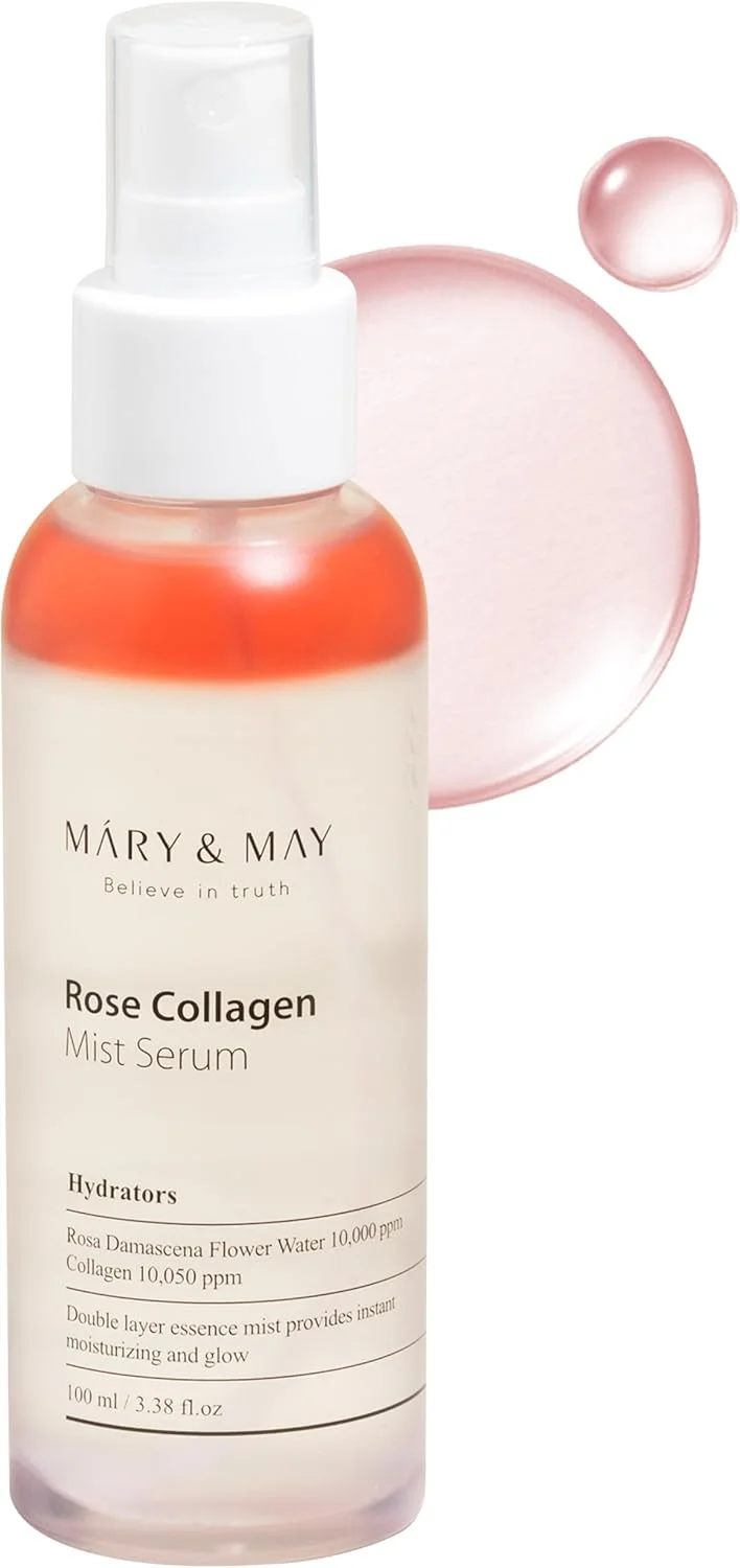 سرم میست گل رز و کلاژن Mary&May، ۱۰۰ میلی لیتر | کلاژن گل رز، لایه برداری دوگانه مرطوب کننده، درخشش فوری | مواد اولیه EWG