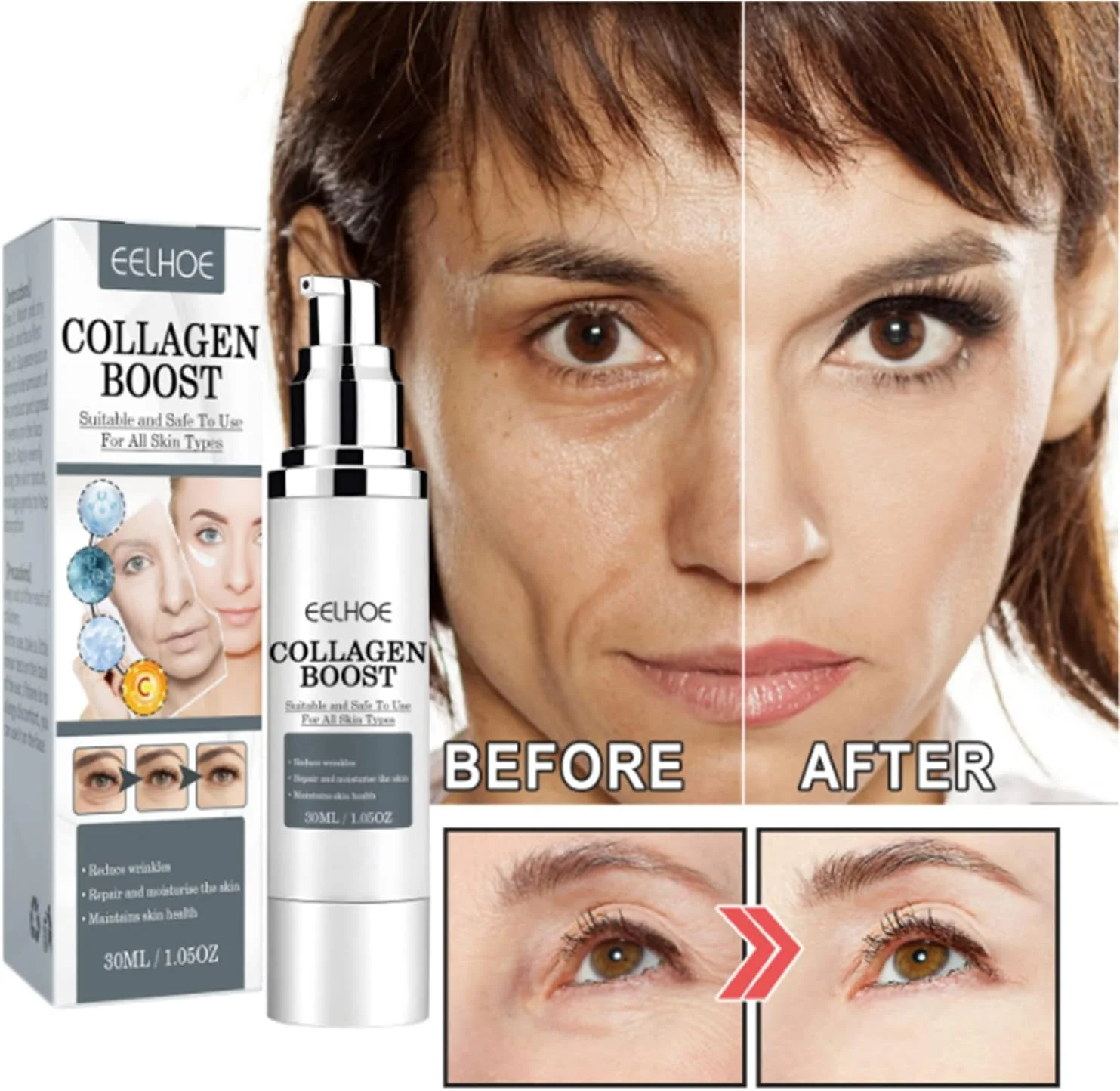 سرم ضد پیری و کرم ضد چروک تقویت کننده کلاژن Eelhoe، سرم کوچک کننده منافذ پوست، اسانس مغذی و مرطوب کننده اسید هیالورونیک، 3 عدد