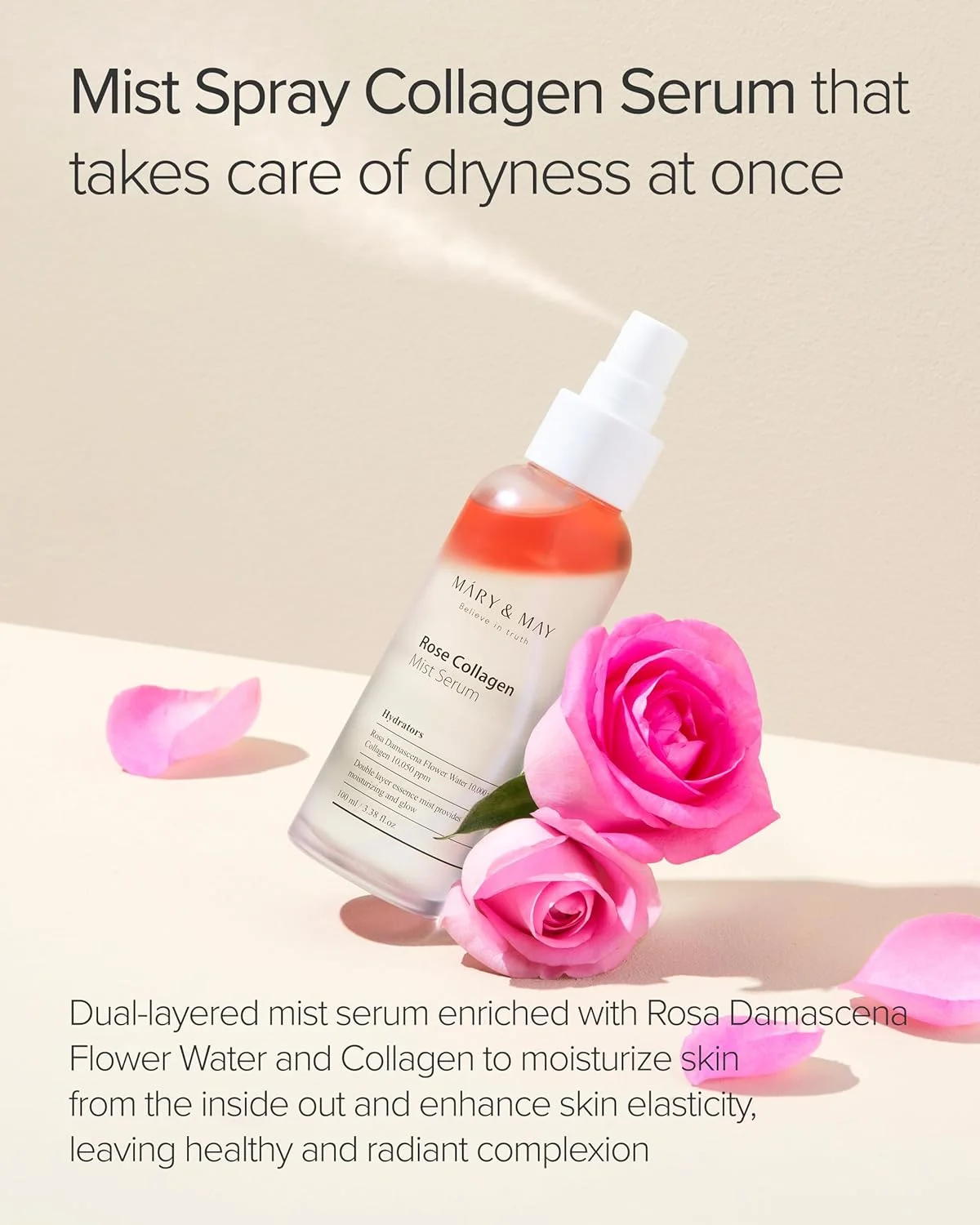 سرم میست گل رز و کلاژن Mary&May، ۱۰۰ میلی لیتر | کلاژن گل رز، لایه برداری دوگانه مرطوب کننده، درخشش فوری | مواد اولیه EWG