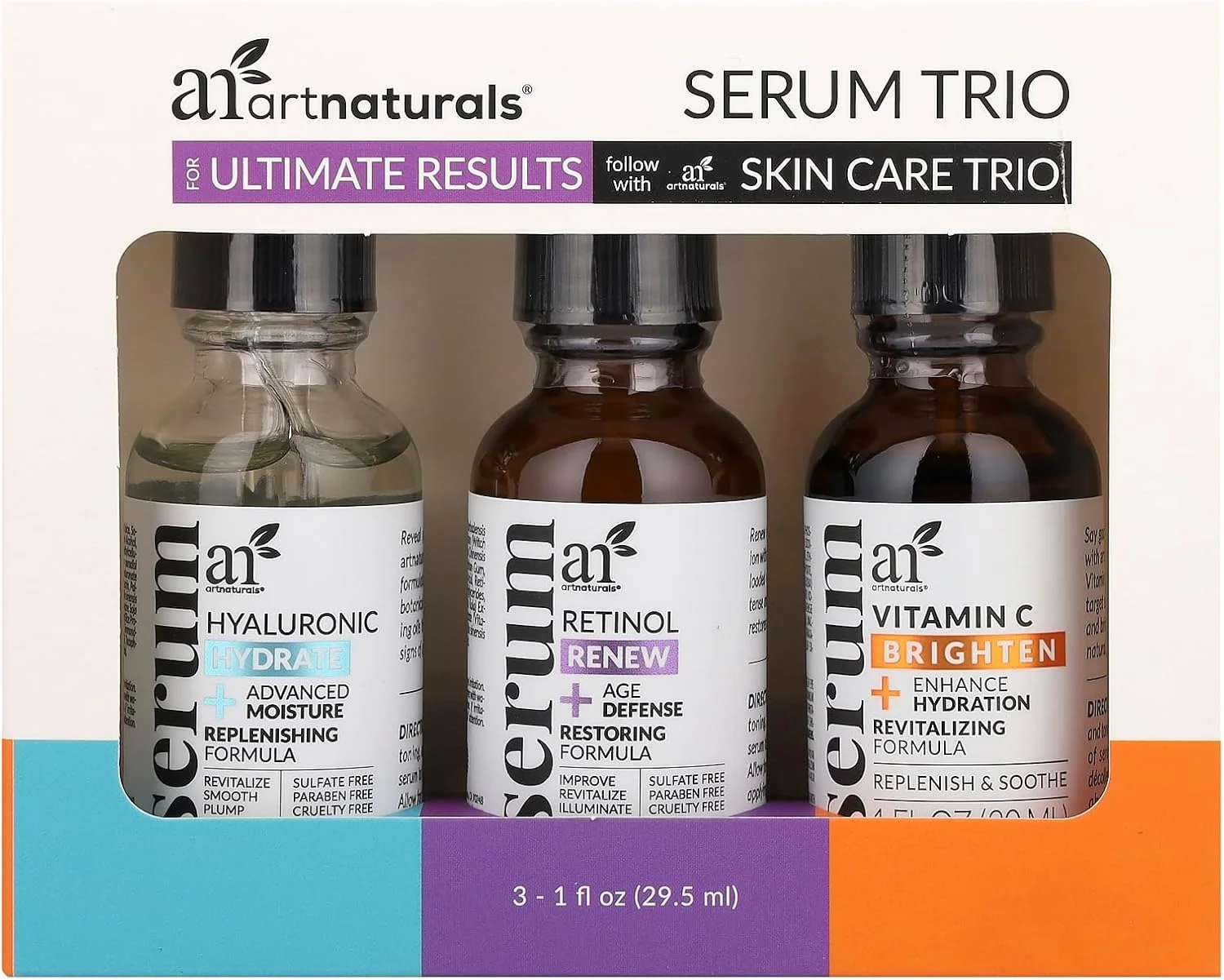 مجموعه ضد پیری آرت نچرالز با ویتامین C، رتینول و هیالورونیک اسید - (3 عدد 30 میلی لیتری) سرم ضد چروک و رفع تیرگی دور چشم - کاملا طبیعی و مرطوب کننده