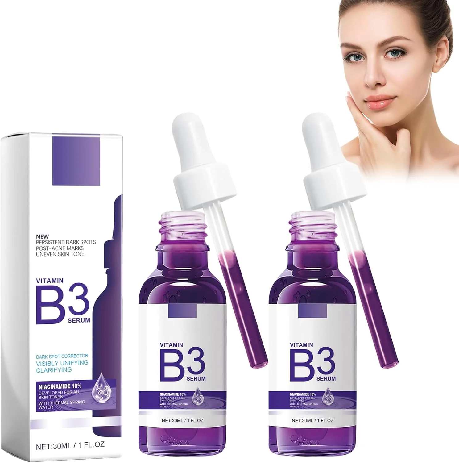 سرم ضد لک و ضد پیری B3، اصلاح کننده رنگ پوست برای انواع پوست، فرمول طبیعی، کاهش دهنده چین و چروک، مناسب برای هر نوع پوست، 2 عدد