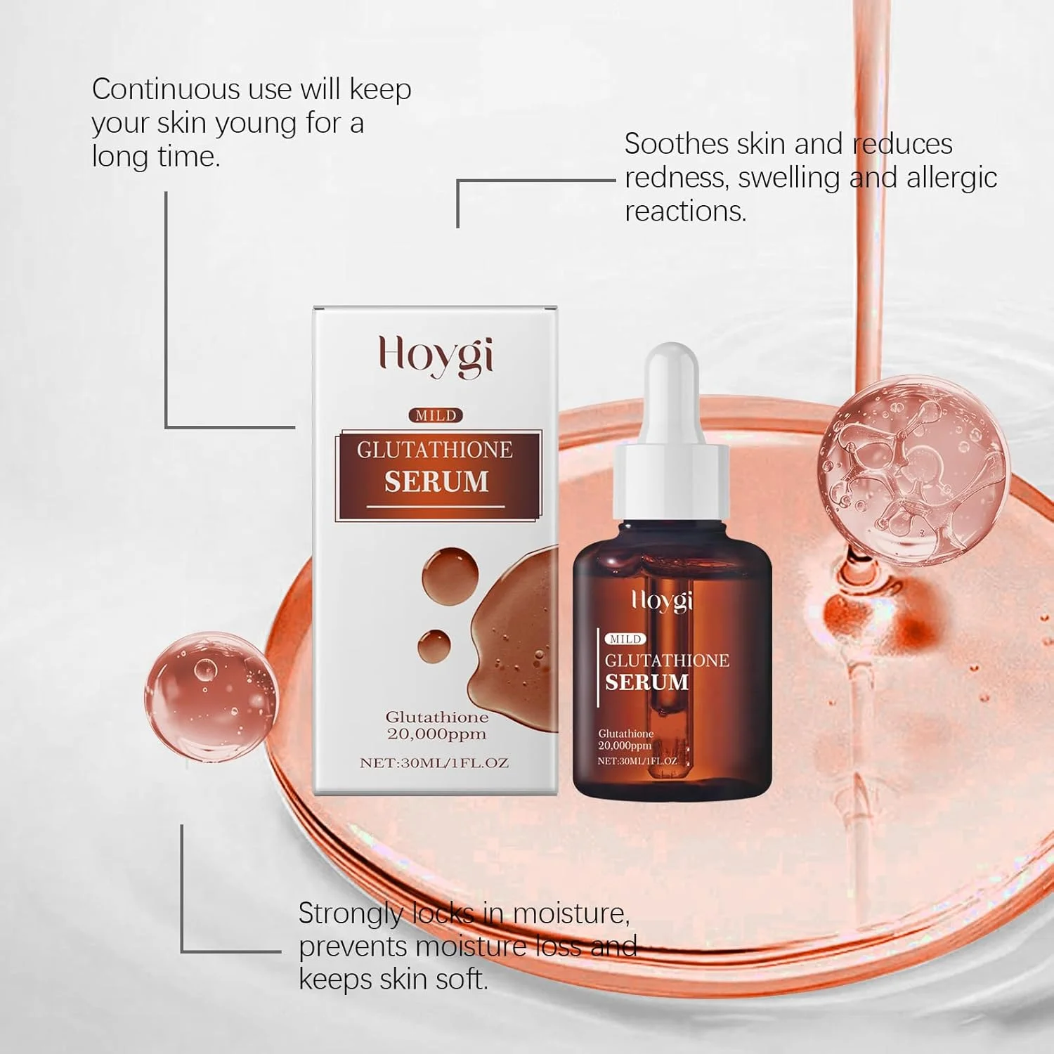 سرم گلوتاتیون قوی 30 میلی لیتر، 20000ppm گلوتاتیون برای کشسانی و احیای پوست، فرمول مرطوب کننده عمیق با اسید هیالورونیک افزوده، احیا کننده شادابی و درخشش سالم پوست
