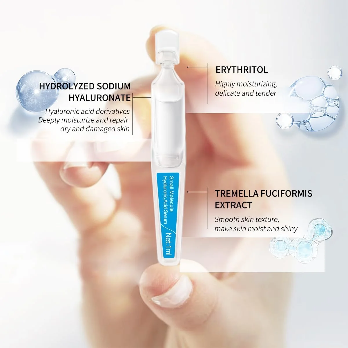آمپول سرم اسید هیالورونیک با مولکول کوچک برای صورت، حاوی سدیم هیالورونات - فرمول آبرسان و حجم دهنده برای پوست جوان - هدف قرار دادن خشکی و خطوط ریز - 15 عدد در جعبه
