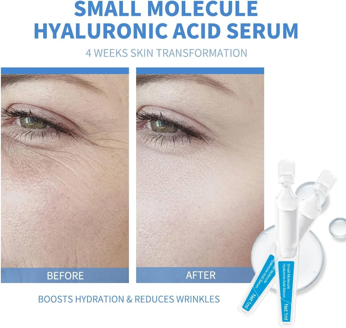 آمپول سرم اسید هیالورونیک با مولکول کوچک برای صورت، حاوی سدیم هیالورونات - فرمول آبرسان و حجم دهنده برای پوست جوان - هدف قرار دادن خشکی و خطوط ریز - 15 عدد در جعبه