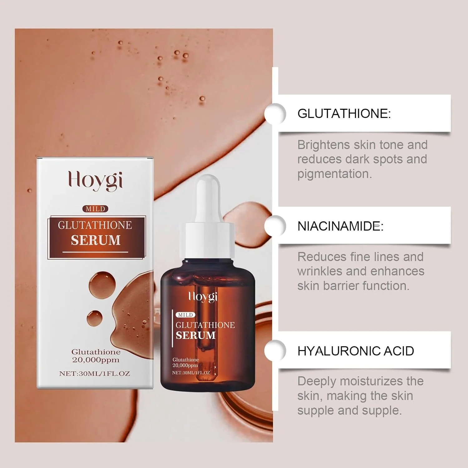 سرم گلوتاتیون قوی 30 میلی لیتر، 20000ppm گلوتاتیون برای کشسانی و احیای پوست، فرمول مرطوب کننده عمیق با اسید هیالورونیک افزوده، احیا کننده شادابی و درخشش سالم پوست