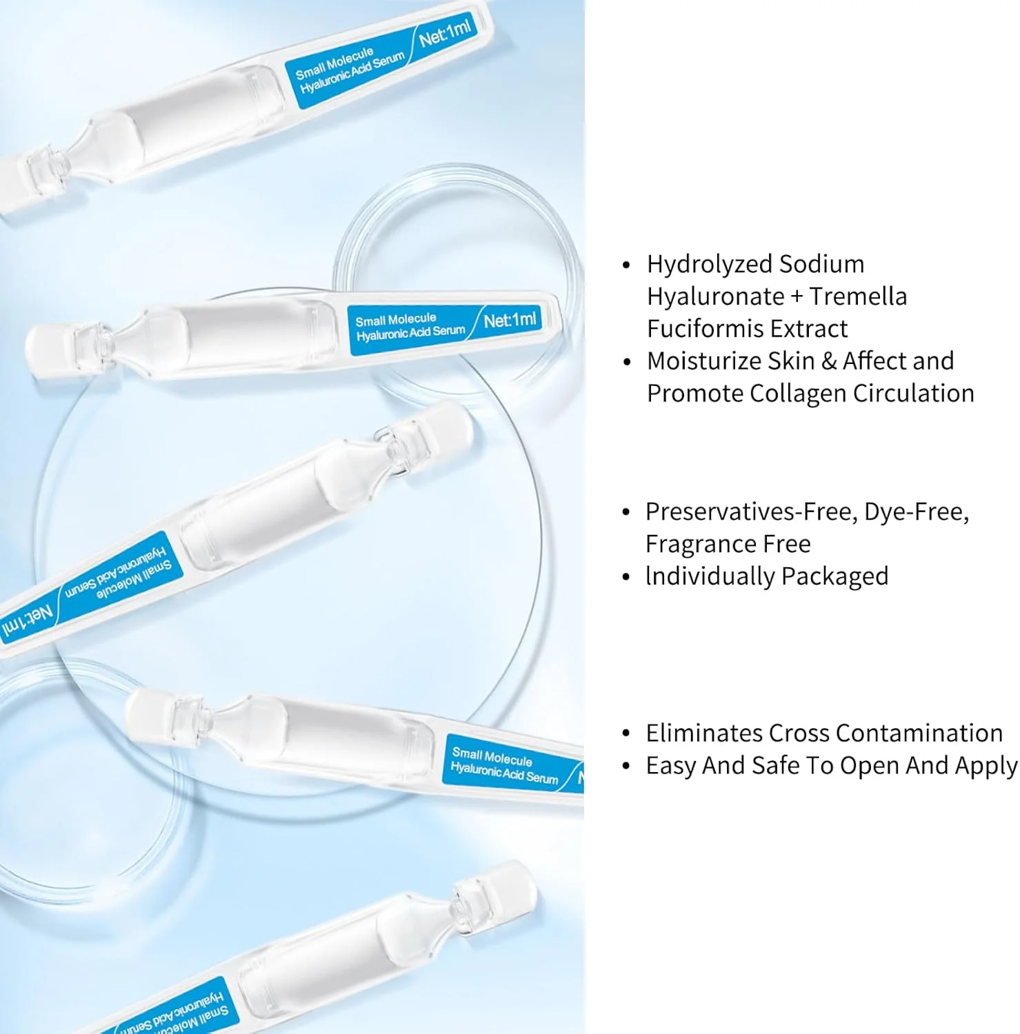 آمپول سرم اسید هیالورونیک با مولکول کوچک برای صورت، حاوی سدیم هیالورونات - فرمول آبرسان و حجیم کننده برای پوست جوان - مناسب برای خشکی و خطوط ریز - 30 عدد در جعبه