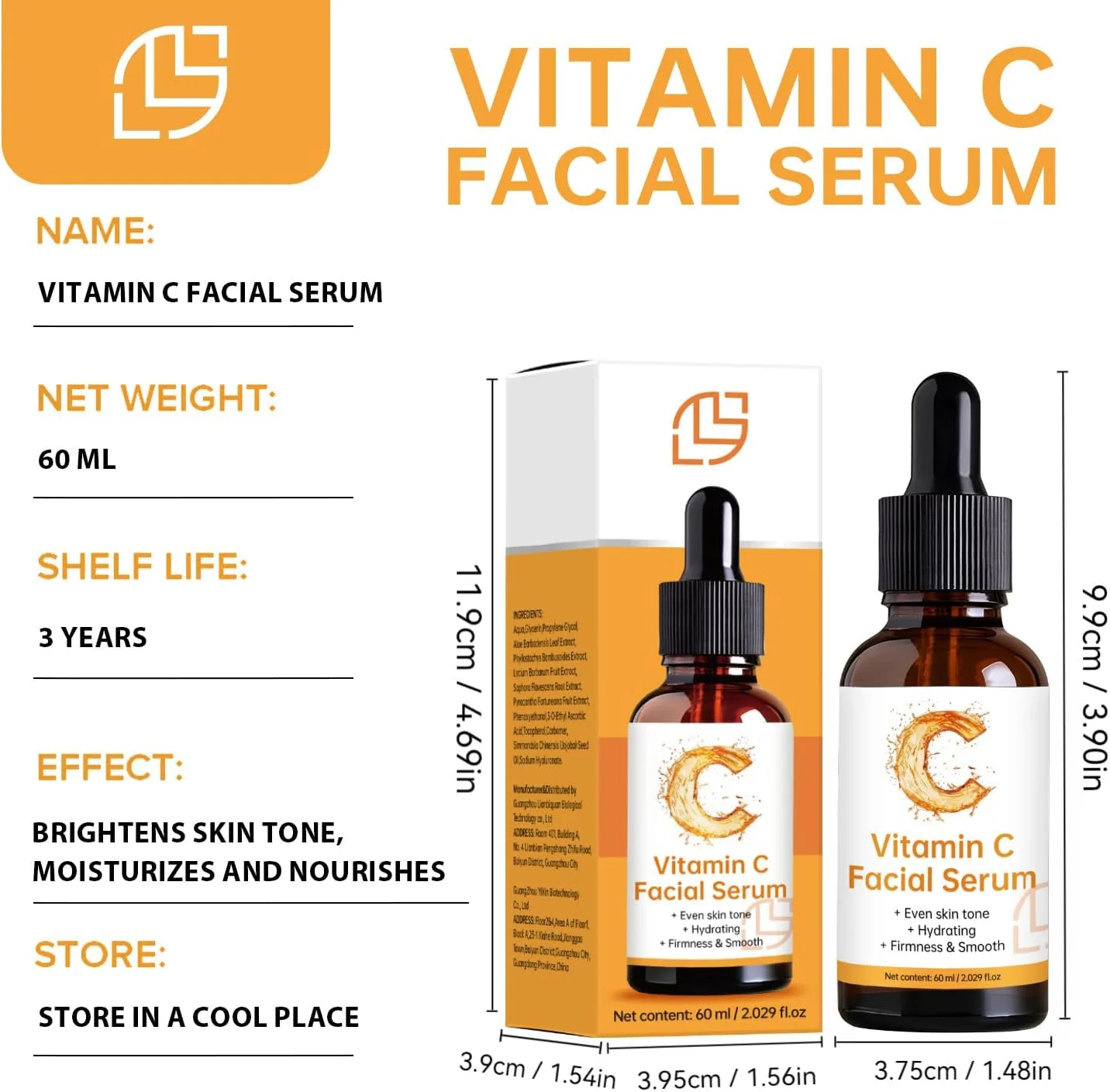 سرم ویتامین C برای صورت - سرم صورت ضد پیری با آلوئه باربادنسیس و گلیسرول - روغن ویتامین C برای مرطوب کردن و افزایش خاصیت ارتجاعی پوست، مناسب برای انواع پوست