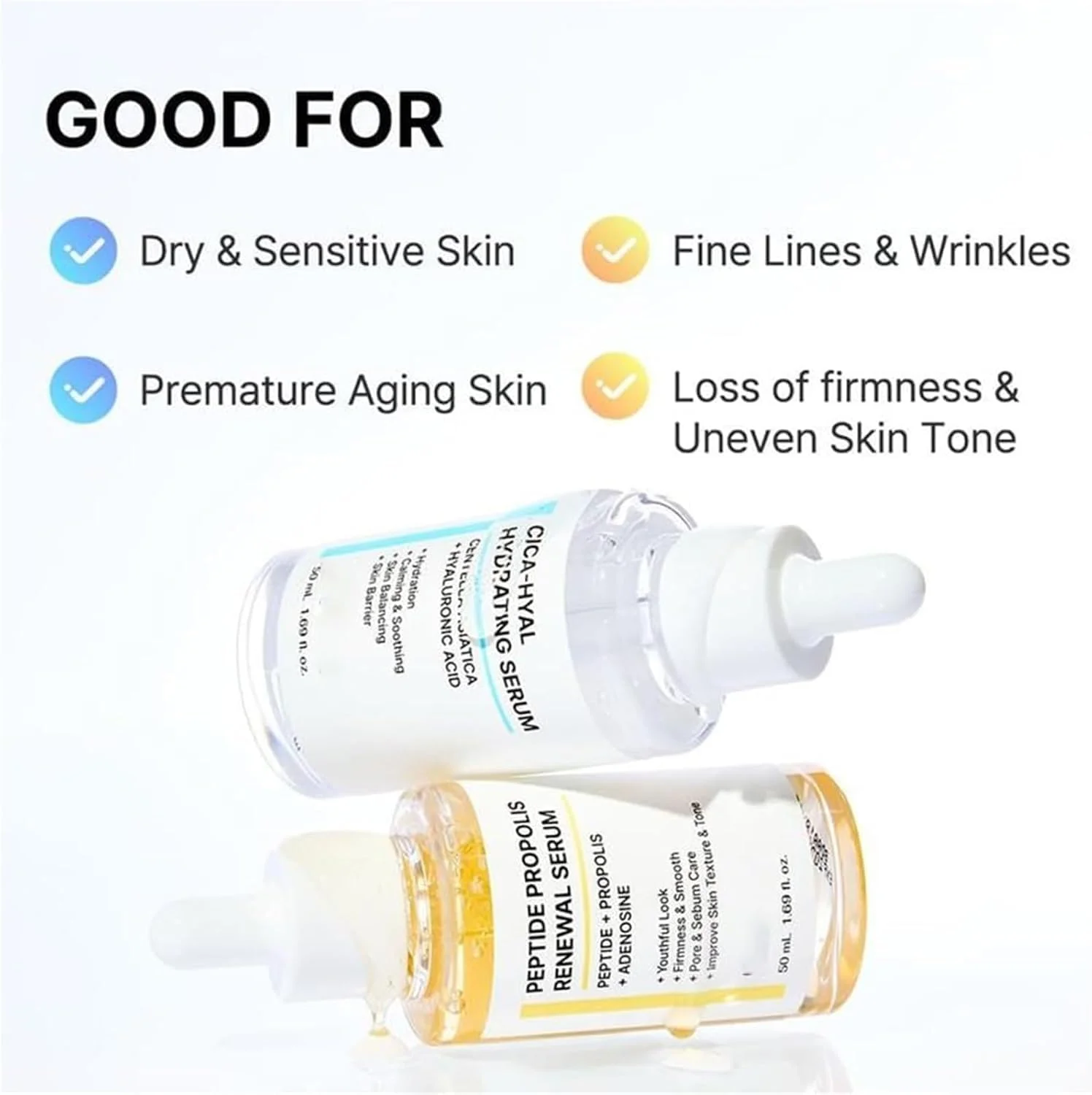 سرم صورت پپتید پروپولیس و سرم آبرسان صورت CICA Hyal برای زنان، ضد پیری و بهبود خاصیت ارتجاعی، تجدید عمیق پوست و مرطوب کننده، مناسب برای انواع پوست، 2 عدد